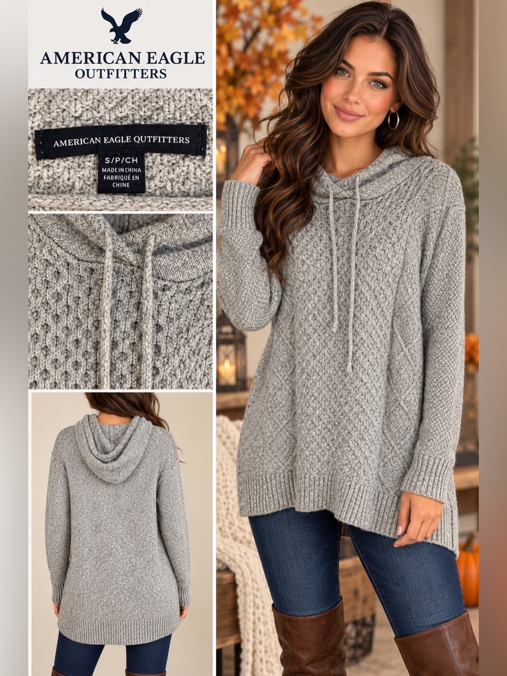 American Eagle Outfitters Light Gray Knit Hooded Sweater